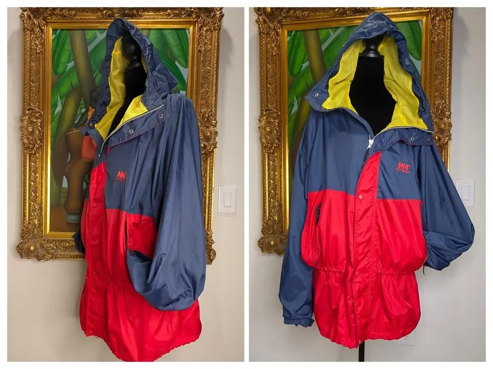 VNTG 90s Helly Hansen Sailing Rain Jacket Packable Windbreaker Hooded Men L FLAW